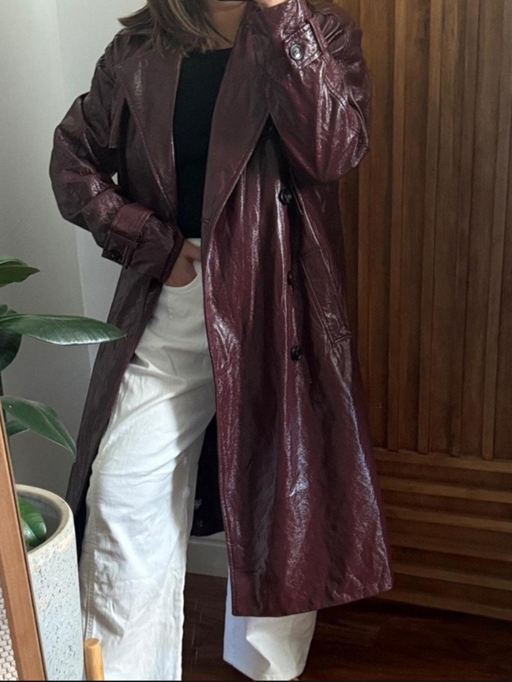 Women's Burgundy Faux Leather Trench Coat